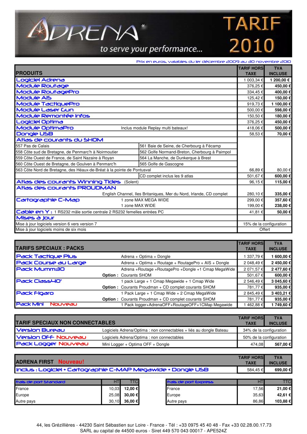 Liste de prix ADRENA 2010 - Adrena