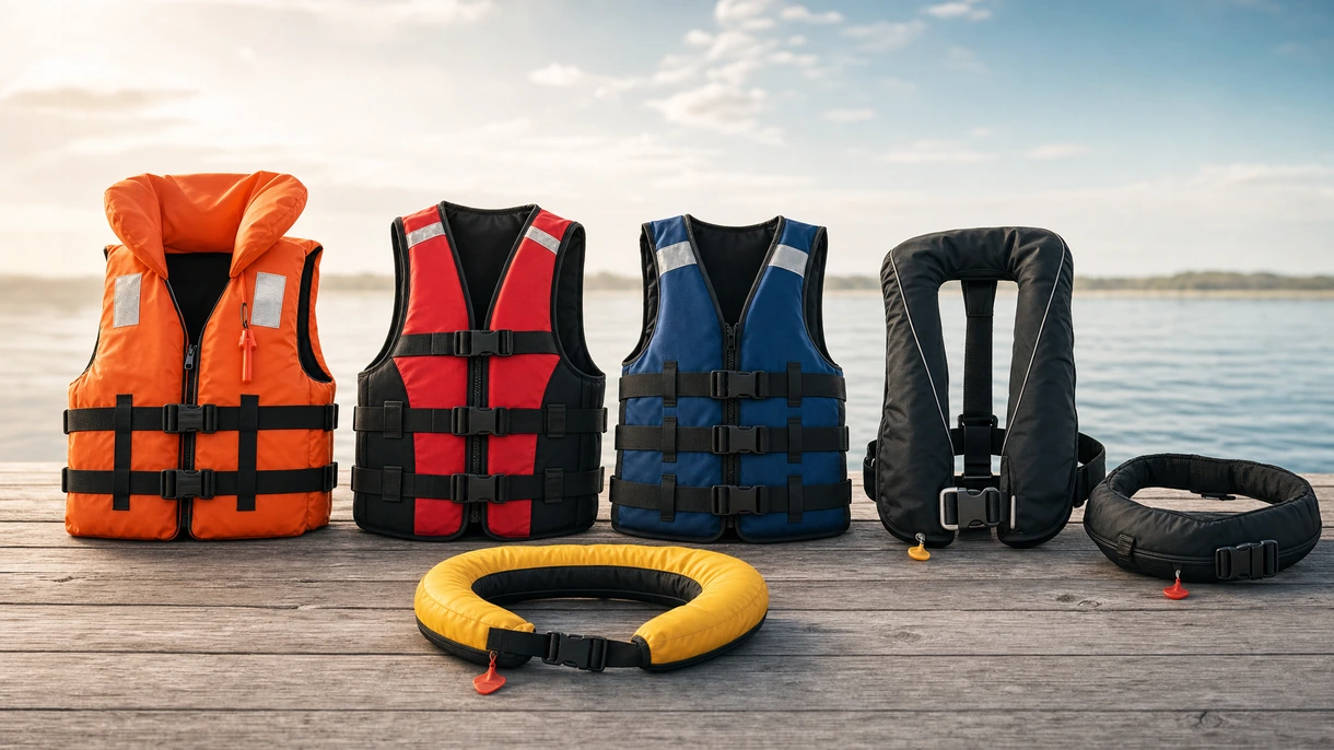Membres d'équipage portant des gilets de sauvetage gonflables professionnels SOLAS lors d'opérations de maintenance sur un navire à moteur commercial en mer.