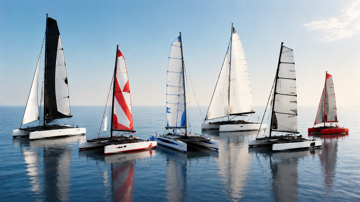 Catamaran de sport professionnel effectuant une transition de foil à haute vitesse lors d'une régate hauturière avec un équipage technique à bord.