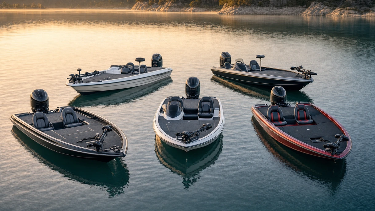 Bass boat professionnel naviguant dans un port côtier à grande vitesse lors d'une évaluation de performance technique pour les gestionnaires de flottes.