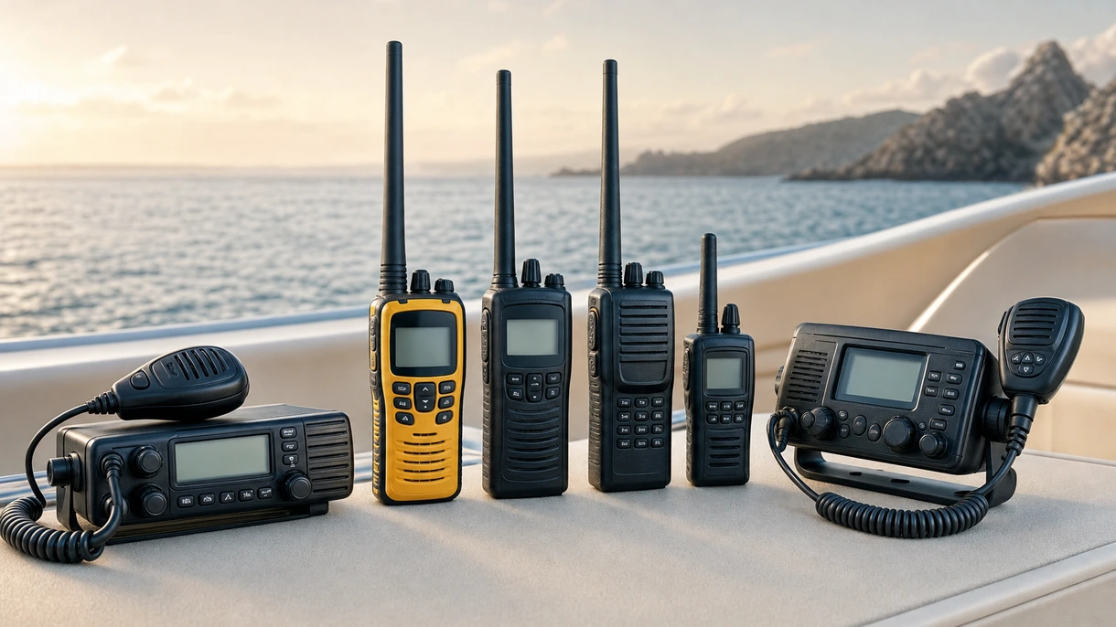 Radio VHF marine professionnelle installée sur une passerelle commerciale, affichant une détresse ASN active et la surveillance des canaux de navigation.