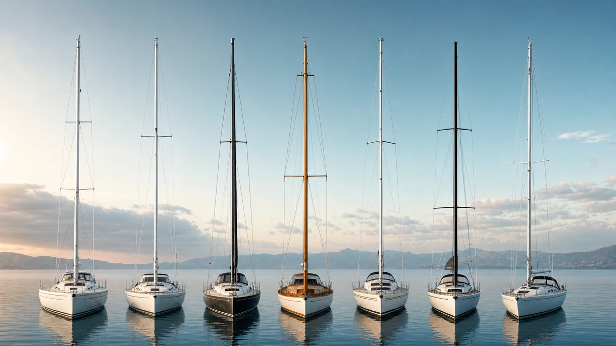 Équipe professionnelle installant un mât de voilier en fibre de carbone sur un yacht de luxe à l'aide d'une grue de chantier naval à haute capacité.