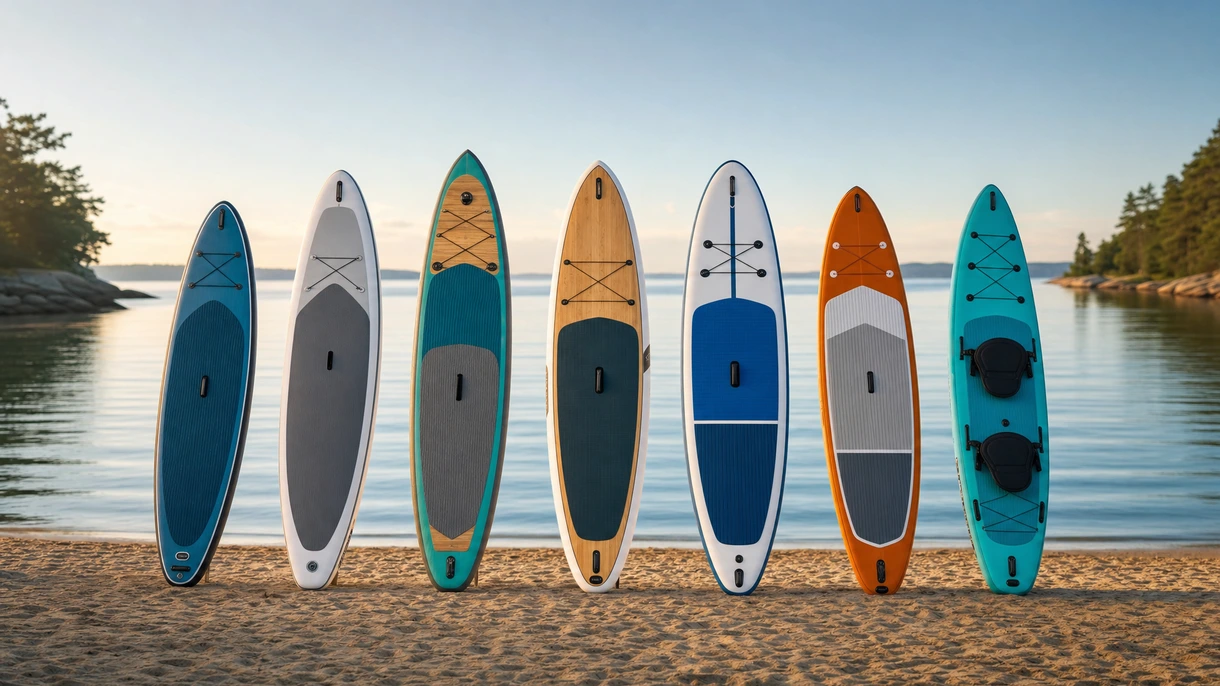 Équipage professionnel déployant un stand-up paddle gonflable de qualité commerciale depuis la plateforme de bain hydraulique d'un yacht.