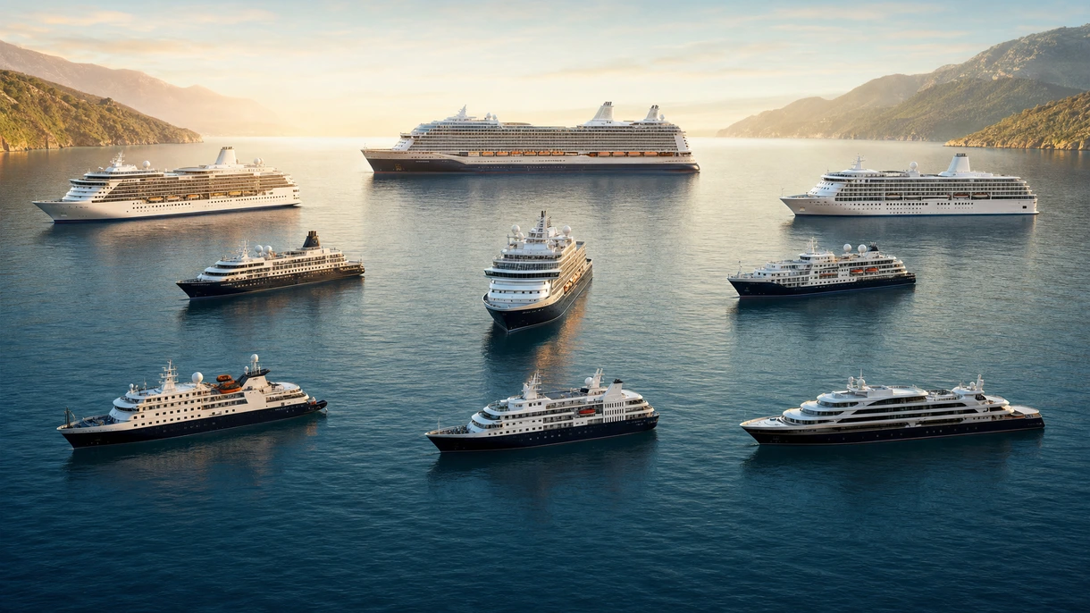 Navire de croisière professionnel accostant à un terminal maritime moderne avec l'assistance d'un remorqueur et des infrastructures portuaires lourdes visibles.