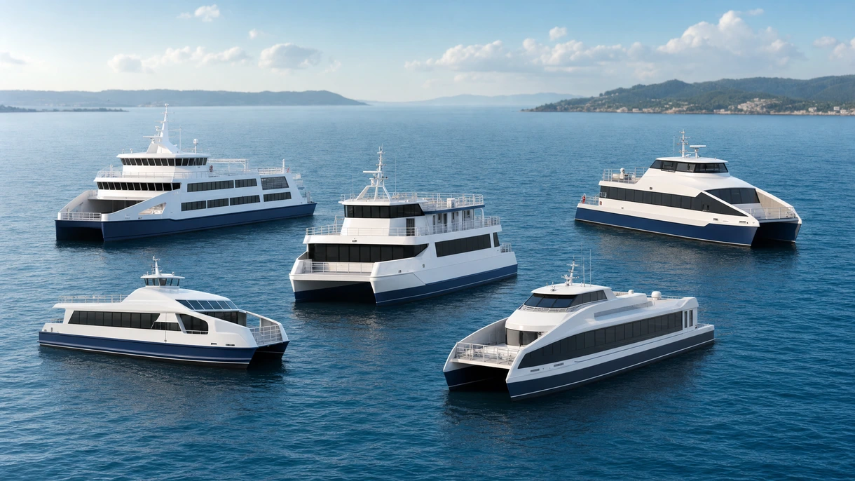 Un ferry à passagers moderne à grande vitesse approchant d'un terminal avec des membres d'équipage professionnels gérant les opérations d'amarrage.