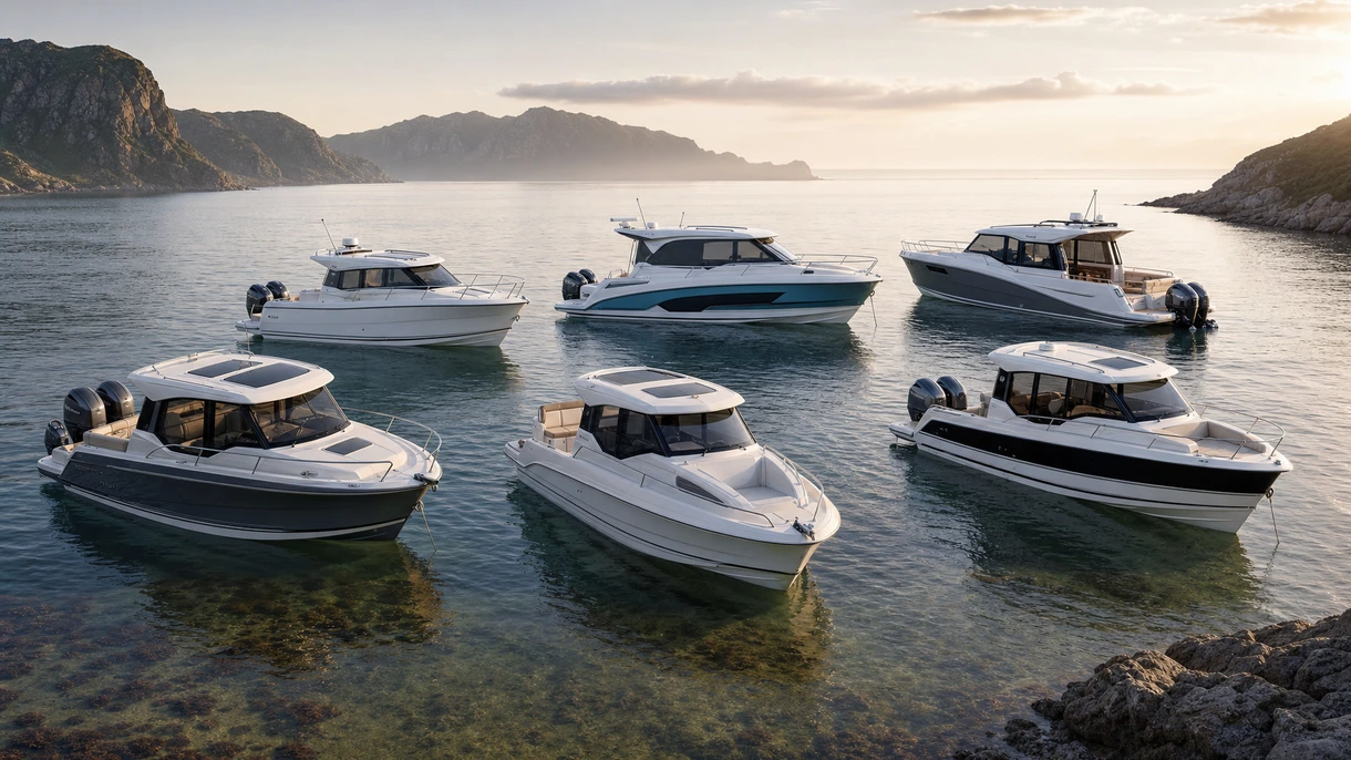 Cabin-cruiser hors-bord professionnel naviguant dans les eaux côtières lors d'essais en mer à grande vitesse pour l'évaluation d'acquisition de flotte professionnelle.
