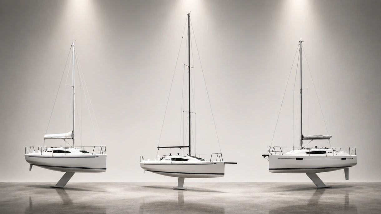 Un voilier haute performance avec sa quille relevable rétractée naviguant dans un port côtier peu profond lors d'essais en mer.