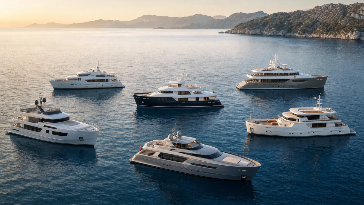 Yacht professionnel à coque à déplacement naviguant par mer formée, illustrant la stabilité de la carène lors d'une expédition maritime au long cours.