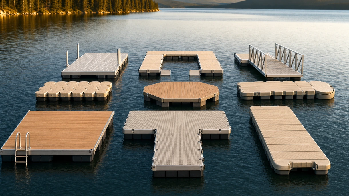 Système de ponton modulable commercial accueillant plusieurs yachts à moteur de luxe dans une marina européenne à fort trafic.