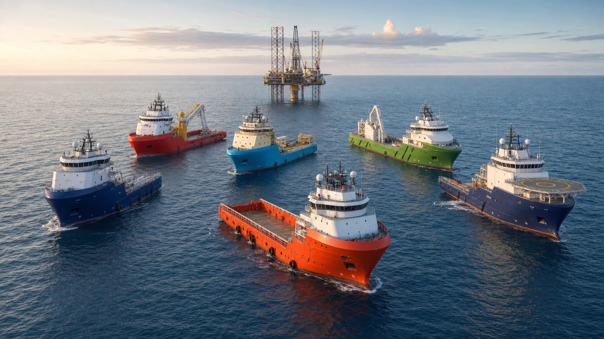 Navire de service offshore maintenant sa position près d'une plateforme en eaux profondes lors d'un transfert de charges lourdes en mer du Nord.
