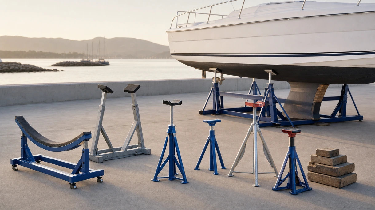 Pieds de mise sur cale robustes en acier galvanisé supportant un grand yacht à moteur sur le sol en béton d'un chantier naval lors d'une maintenance hivernale.