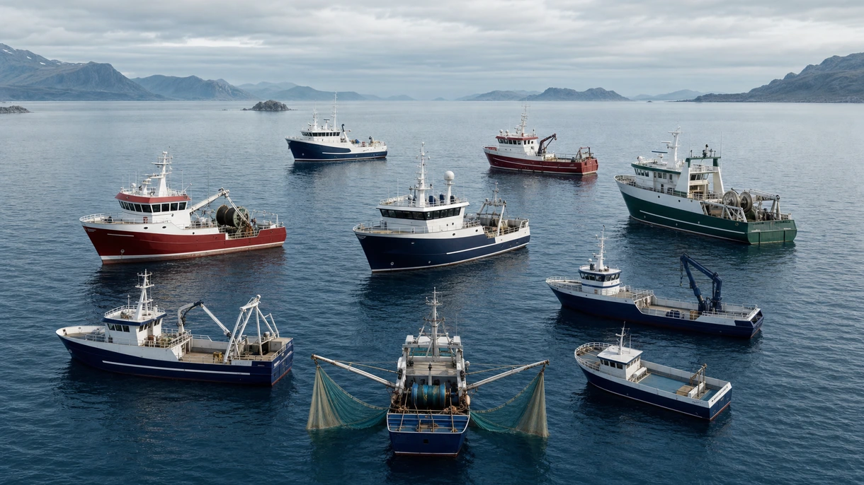 Chalutier arrière professionnel collectant les prises dans les eaux de l'Atlantique Nord lors d'opérations par mer formée pour la gestion de flotte.