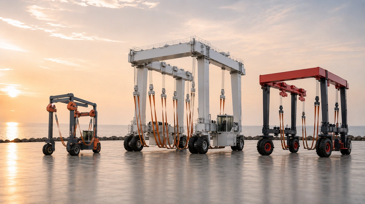 Travel lift à usage intensif soulevant un grand yacht à moteur dans un chantier naval européen professionnel lors d'un entretien saisonnier.
