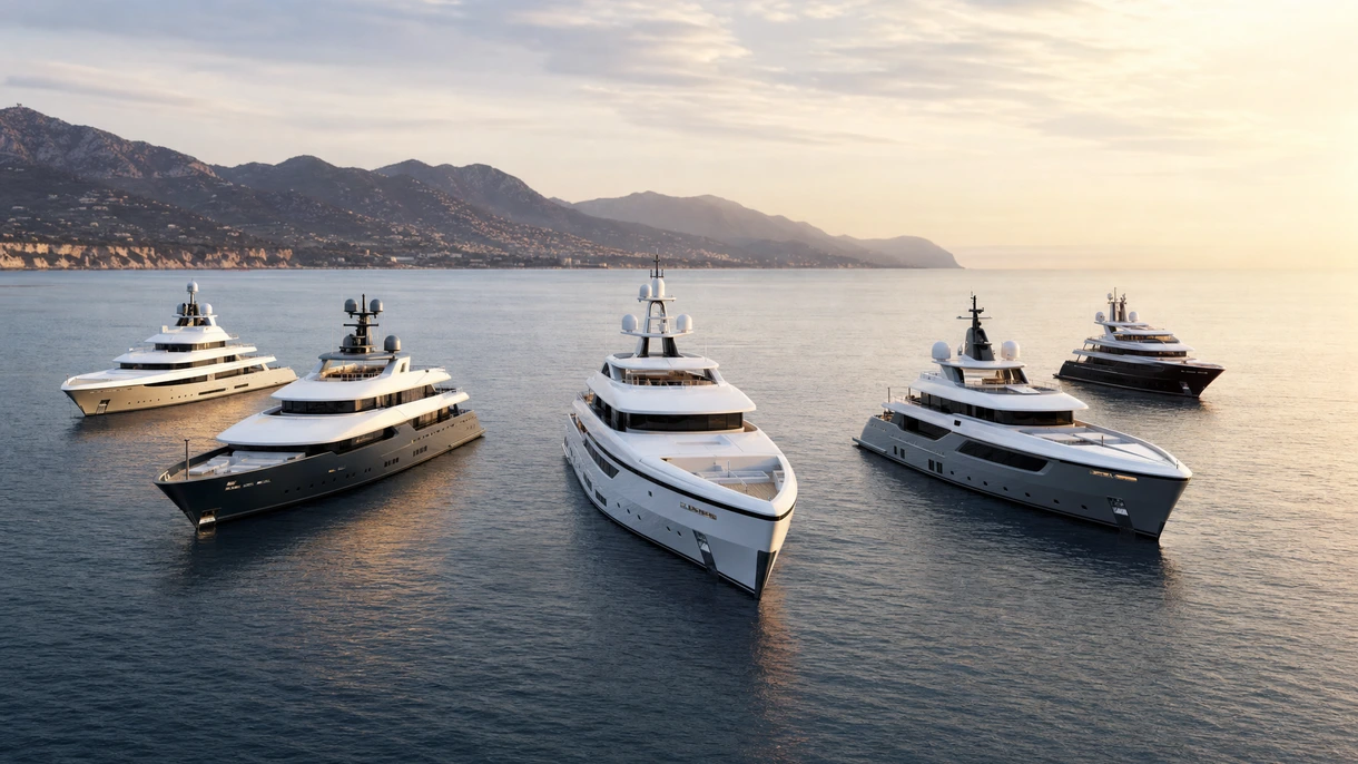 Mega-yacht de croisière professionnel naviguant dans les eaux côtières méditerranéennes lors d'un essai en mer officiel avec des ingénieurs maritimes à bord.