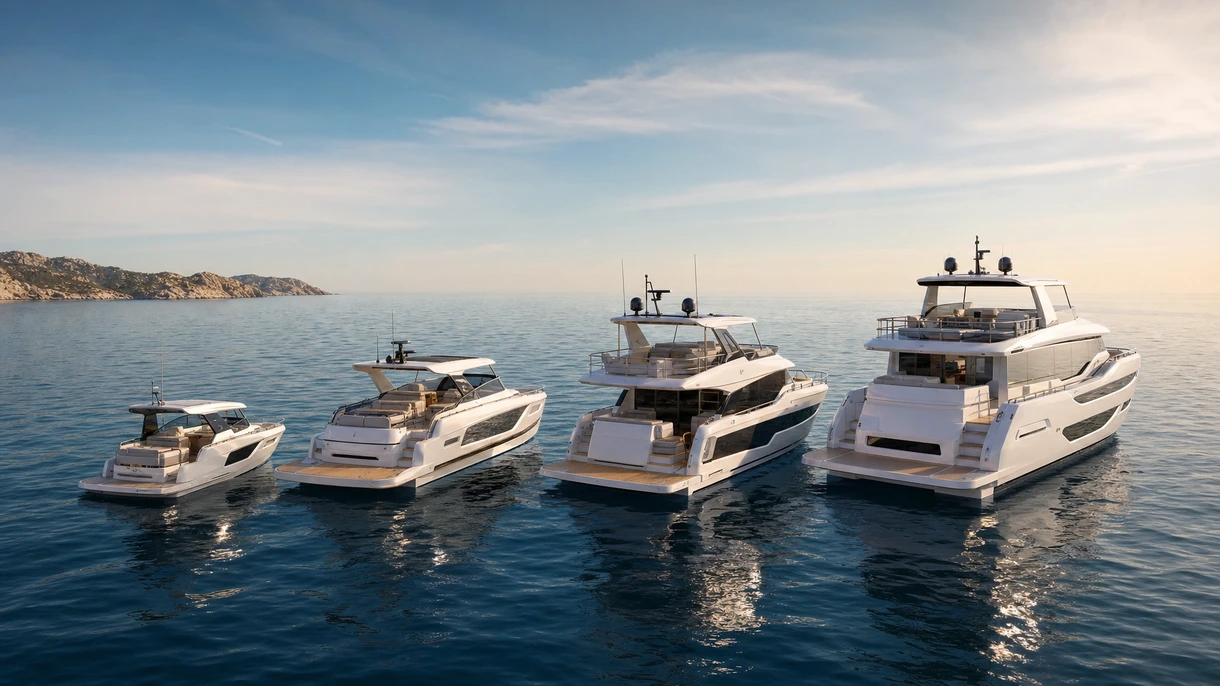 Motor-yacht POD IPS professionnel naviguant en haute mer, illustrant la stabilité de la coque et l'efficacité du sillage lors d'essais maritimes à grande vitesse.