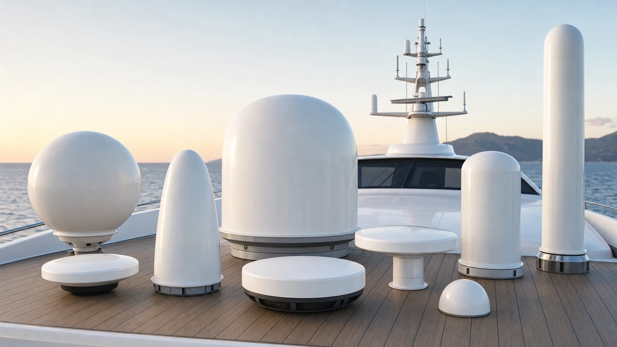 Une antenne radôme haute performance de technologie Solid-State montée sur le mât d'un yacht à moteur professionnel lors d'une mission de surveillance côtière.
