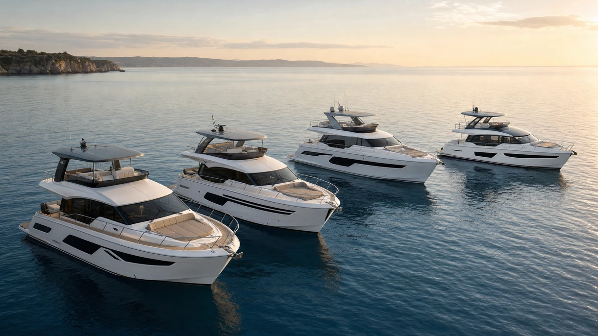 Un motor-yacht 4 cabines naviguant dans les eaux côtières, mettant en avant sa carène aérodynamique et son flybridge spacieux.