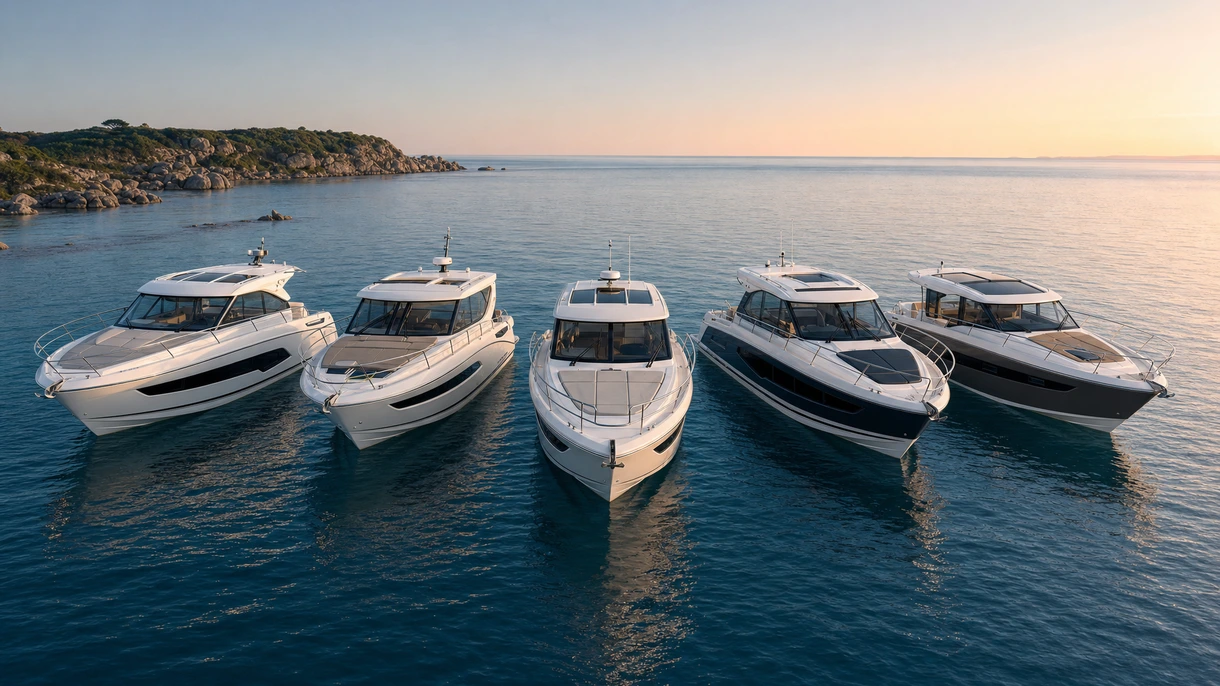 Une vedette 2 cabines professionnelle naviguant dans les eaux côtières à haute vitesse lors d'une évaluation d'essai en mer.