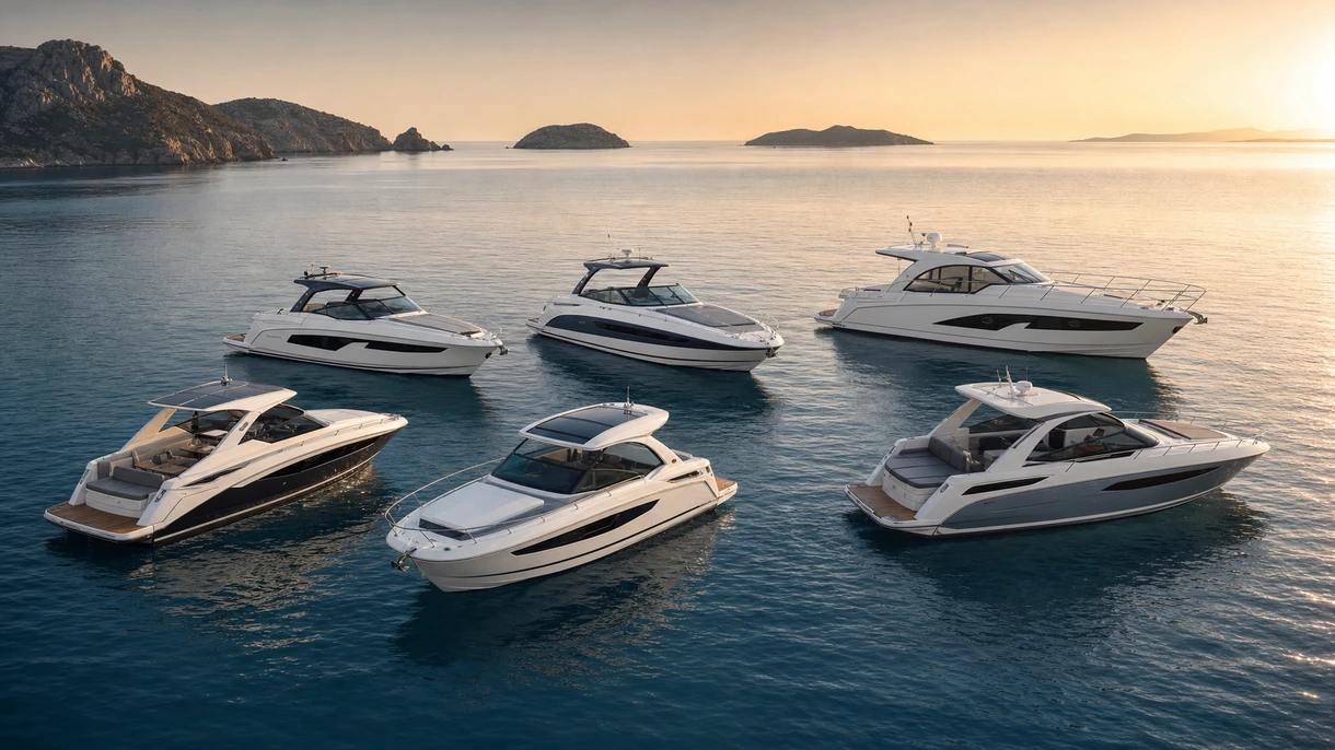 Équipage professionnel manœuvrant une vedette in-bord à vitesse de croisière en eaux côtières lors d'un essai en mer.