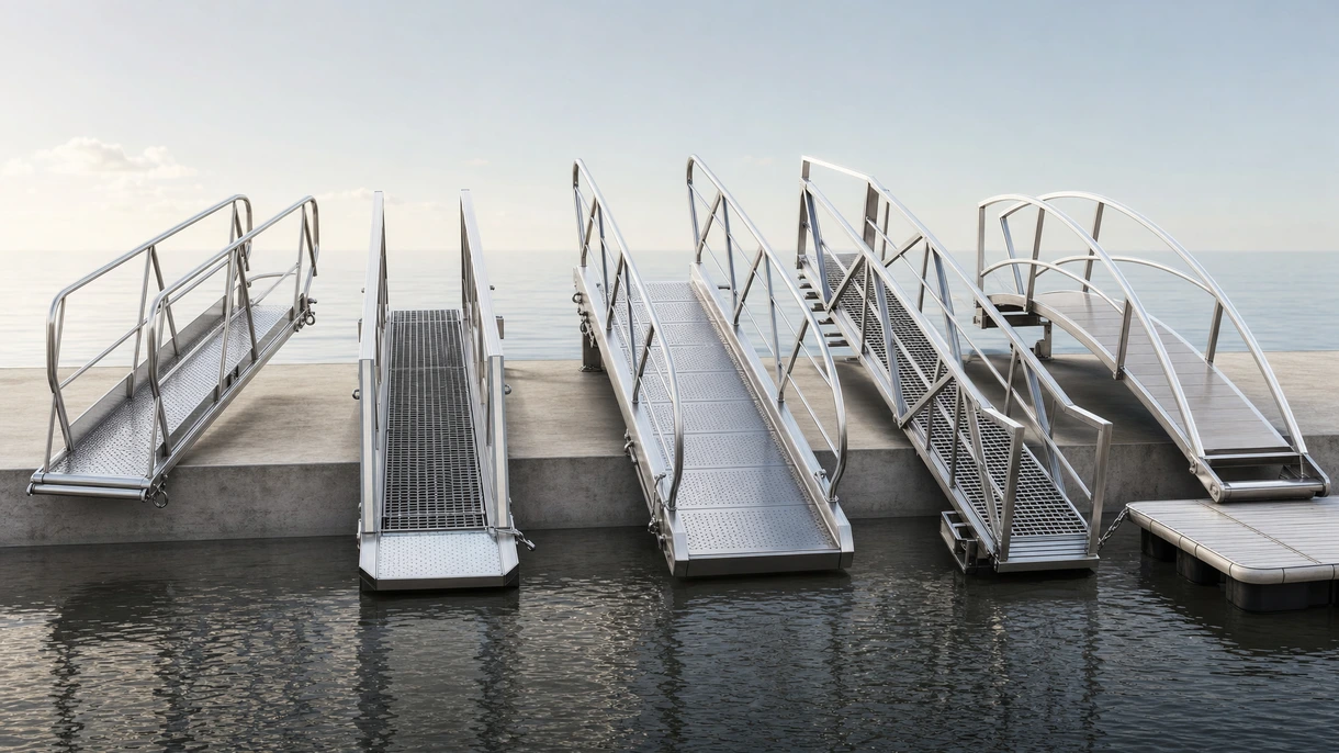 Équipage professionnel déployant une passerelle en inox télescopique depuis le tableau arrière d'un superyacht vers un quai en pierre dans une marina fréquentée.