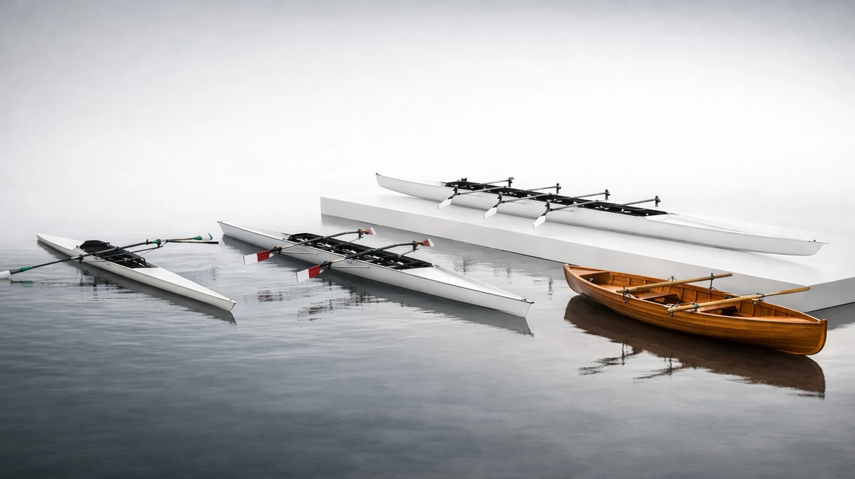 Équipage d'un bateau d'aviron commercial manœuvrant un navire de flotte robuste dans un port européen animé lors d'un exercice maritime technique.