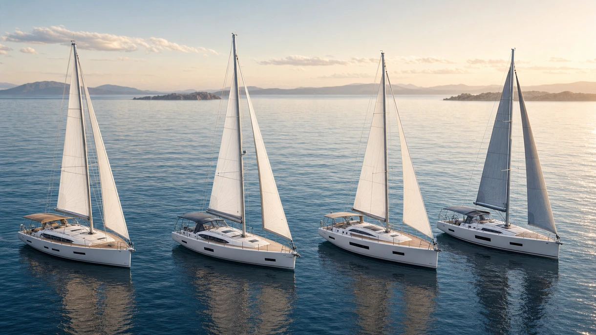 Équipage professionnel manœuvrant un voilier 3 cabines lors d'essais en mer pour un exploitant de flotte de location en Méditerranée.