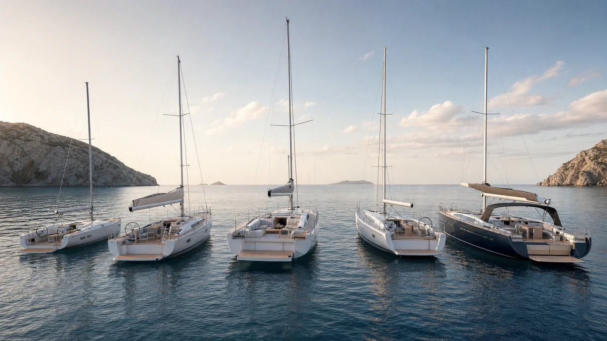Équipage professionnel manœuvrant un sailing-yacht à cockpit ouvert haute performance lors d'un essai technique en mer en eaux libres.