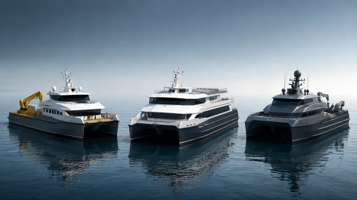 Navire catamaran commercial naviguant dans un terminal portuaire européen animé lors d'opérations de transport de passagers à grande vitesse en eaux côtières.