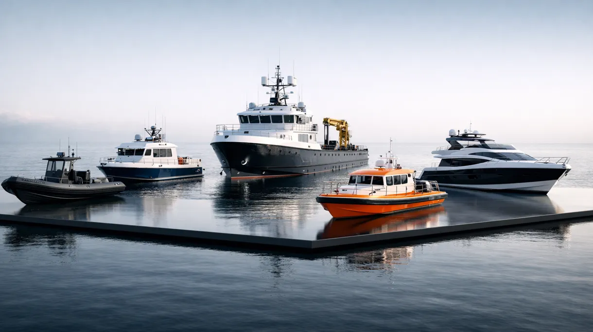 Bateau professionnel de servitude en aluminium effectuant des opérations de levés dans un port de commerce avec un équipage spécialisé sur le pont de travail.