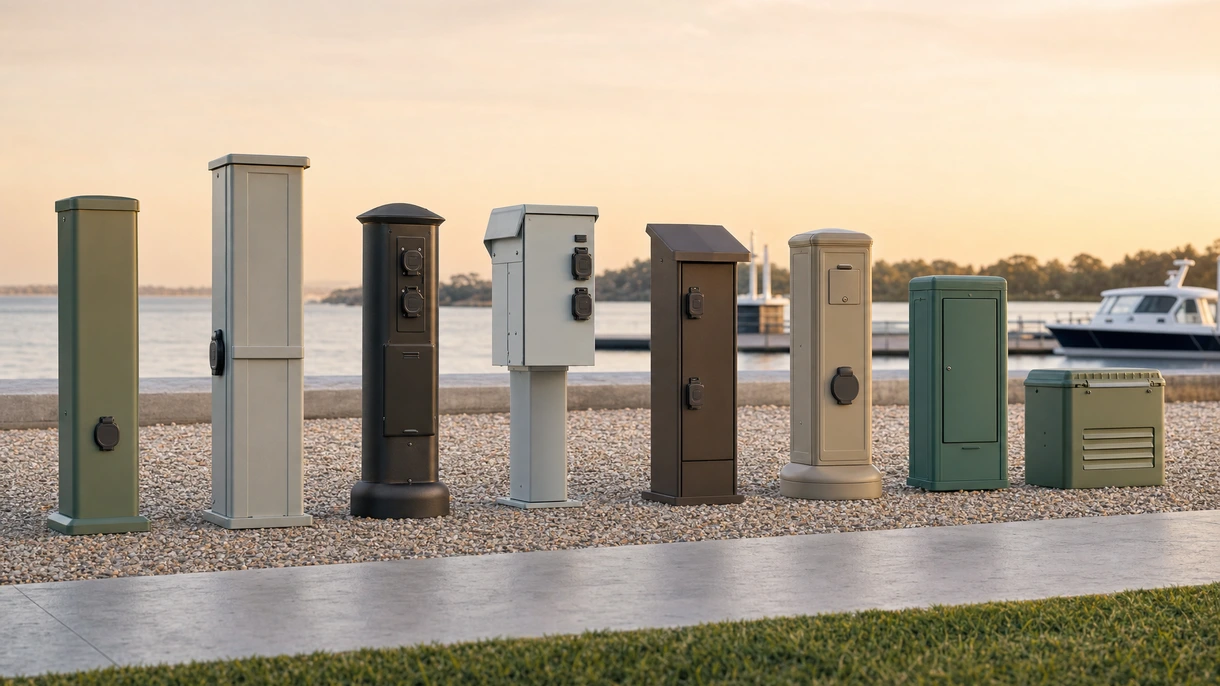 Borne de distribution électrique marine professionnelle installée sur un quai de marina de luxe avec des câbles d'alimentation de quai connectés à un navire.