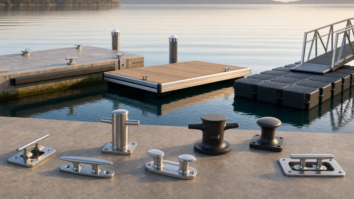 Ponton d'amarrage flottant robuste en béton sécurisant un yacht à moteur de luxe dans un terminal de port de plaisance professionnel européen à fort trafic.