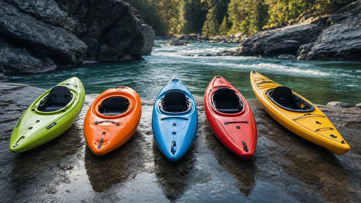 Guides de rivière professionnels naviguant dans des rapides techniques à gros volume à l'aide de kayaks d'eau vive rotomoulés pour une exploitation de flotte maritime.