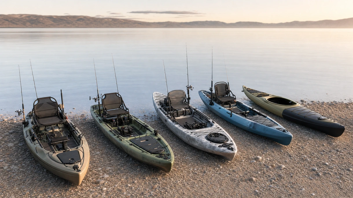 Kayak de pêche professionnel équipé d'une propulsion à pédales et d'un système de sonar, déployé en milieu marin côtier pour une utilisation en charter.