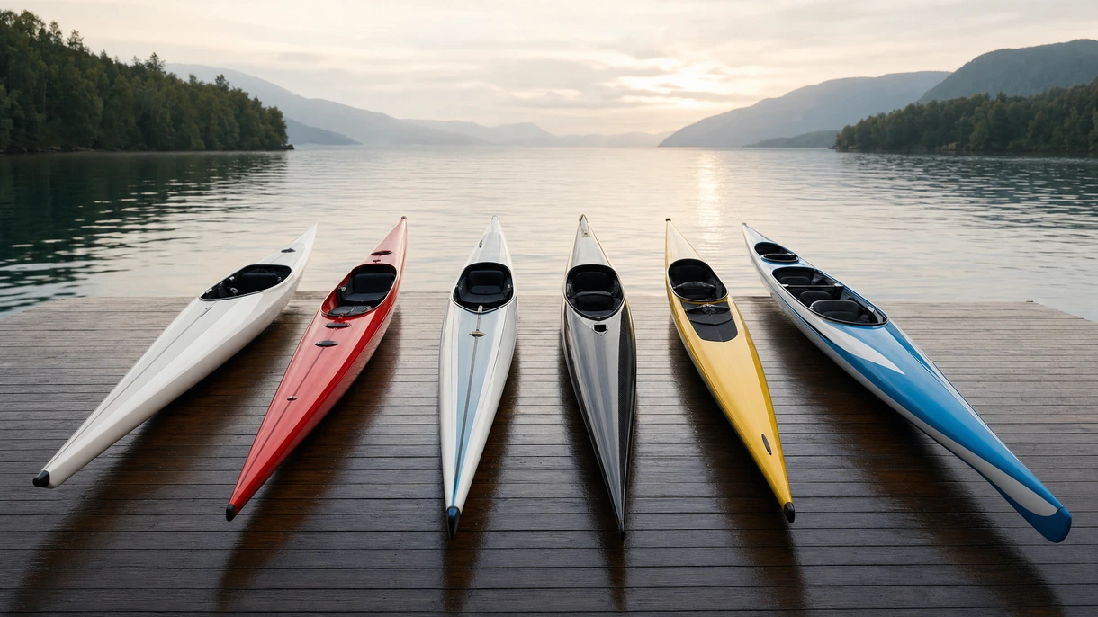 Athlètes professionnels en compétition sur des kayaks de course en fibre de carbone lors d'une épreuve de sprint maritime à grande vitesse sur un parcours en eau calme.