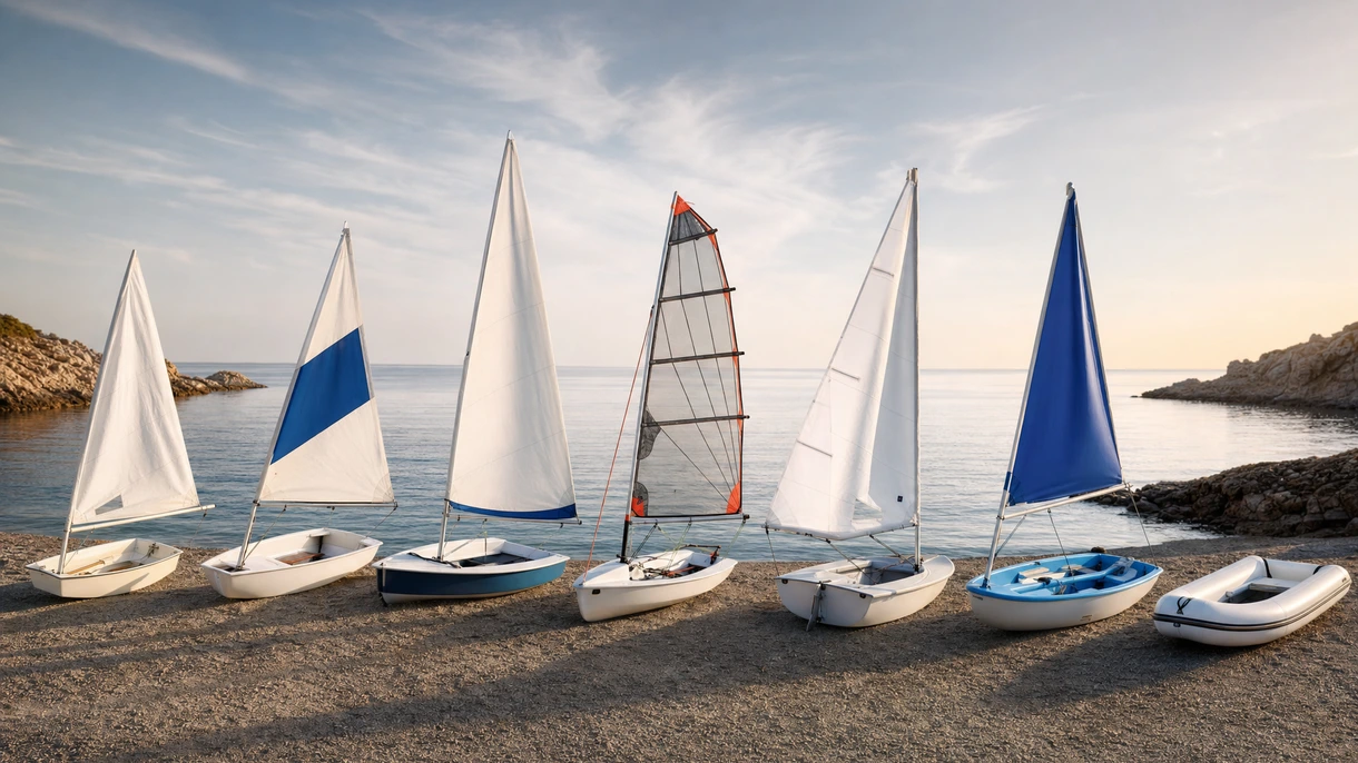 Moniteur de voile professionnel guidant des élèves sur une flotte de dériveurs de loisir lors d'une session de formation maritime côtière en mer.