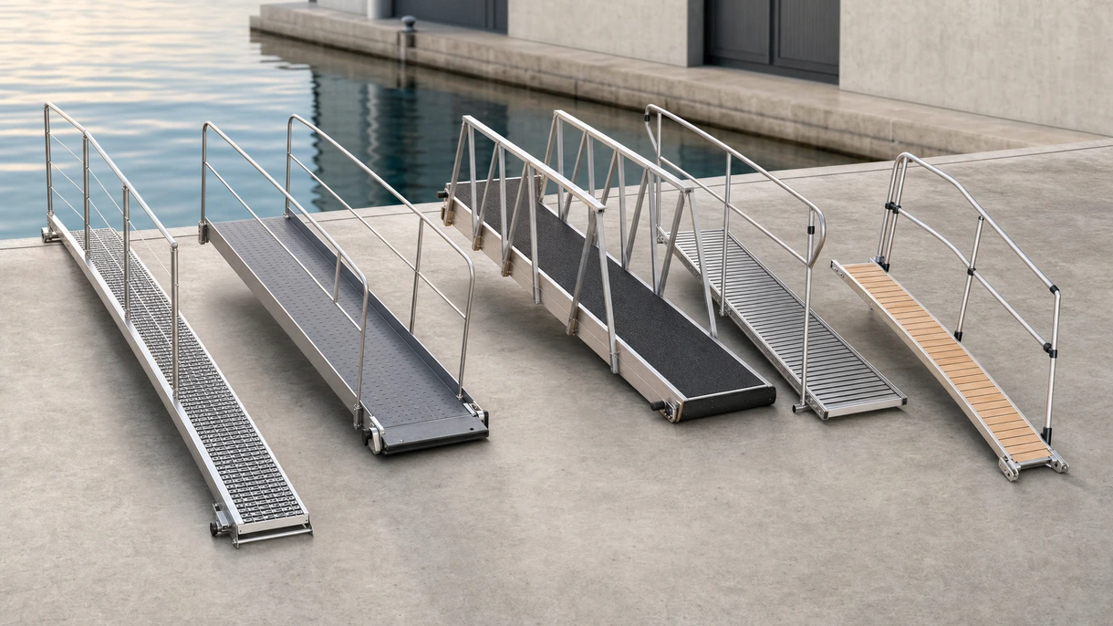Membres d'équipage déployant une passerelle manuelle légère en fibre de carbone depuis un yacht à moteur vers un quai en pierre d'une marina européenne.
