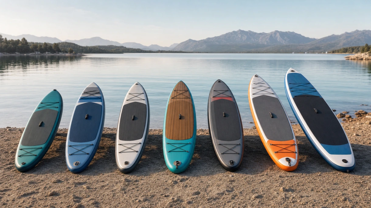 Clients d'une flotte de location commerciale utilisant des stand-up paddles allround à proximité d'un yacht à moteur de luxe dans les eaux côtières méditerranéennes.