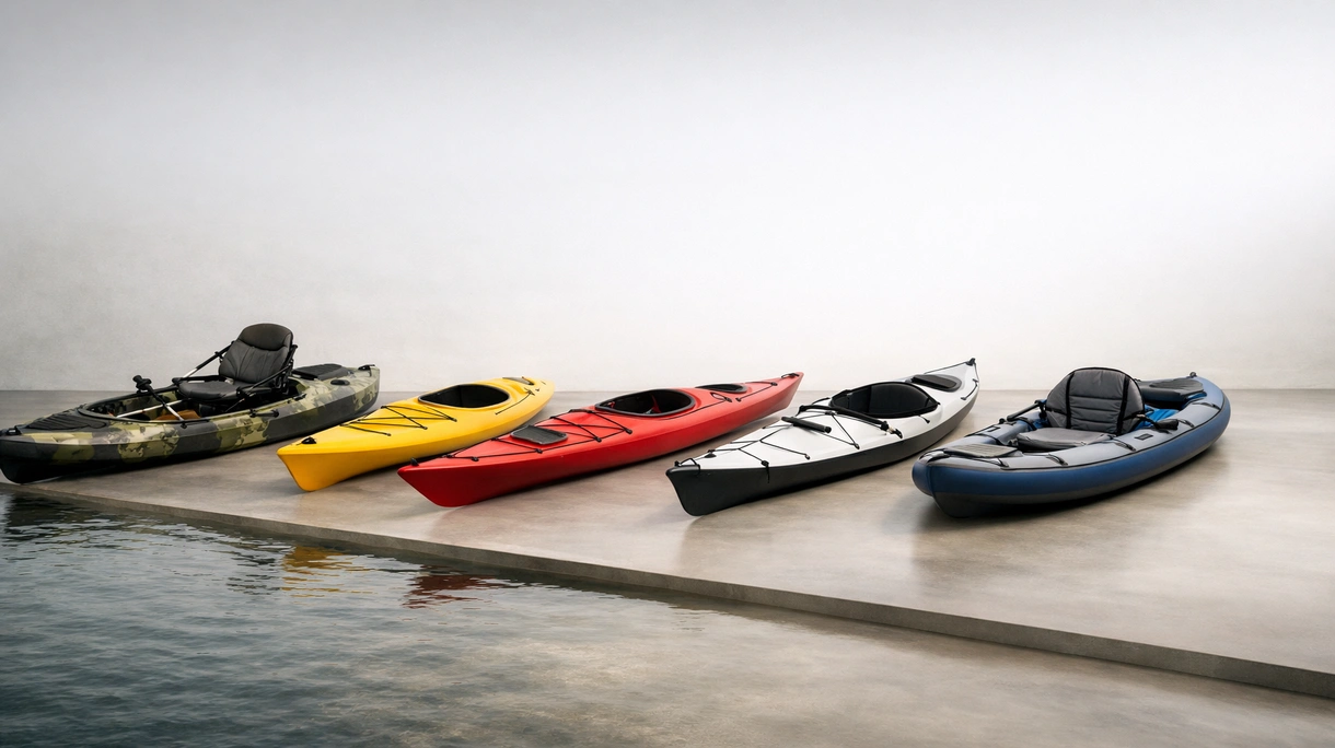 Kayak monoplace professionnel déployé depuis la plateforme de baignade d'un yacht de luxe lors d'une excursion côtière dans les eaux méditerranéennes.