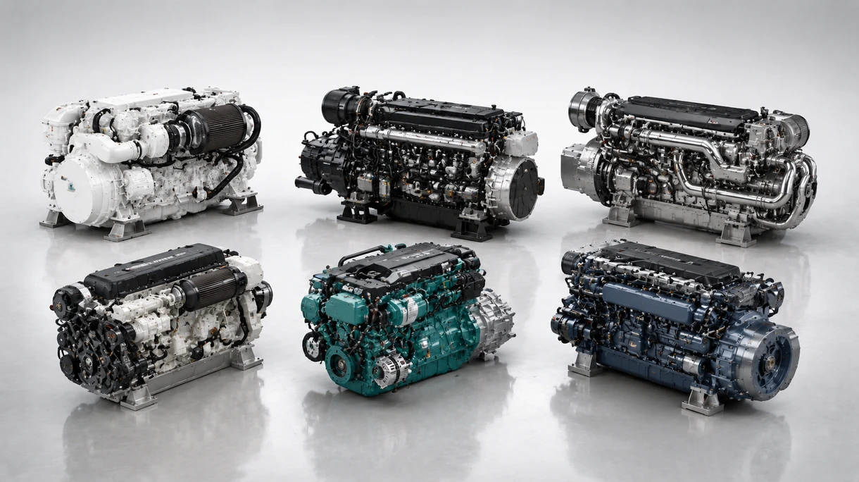 Moteur diesel marin en ligne robuste à six cylindres installé dans la salle des machines d'un navire de commerce avec un accès de maintenance professionnel.