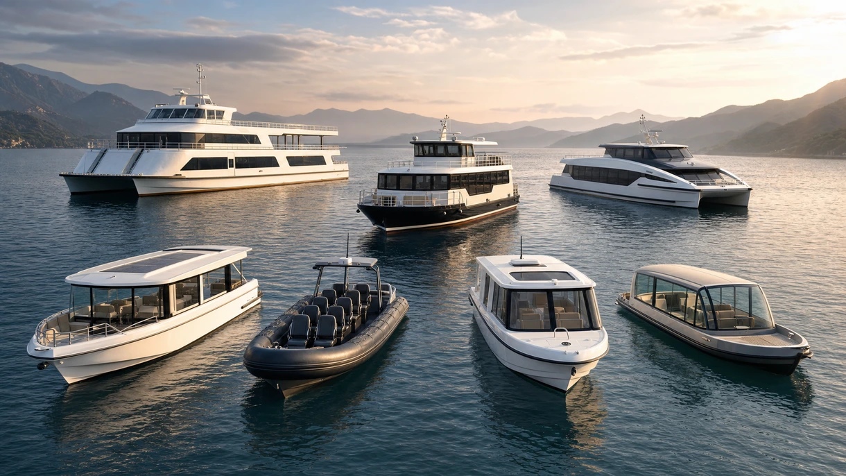 Un ferry catamaran professionnel en aluminium naviguant dans un port animé lors d'opérations quotidiennes de transport de passagers.