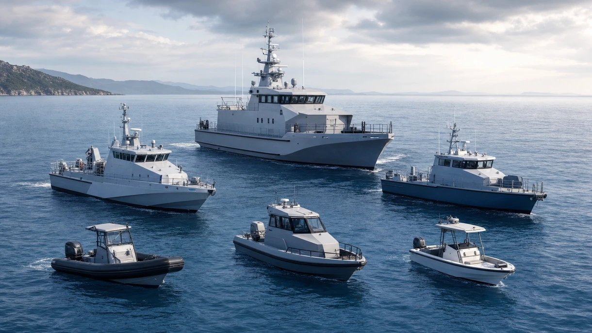Bateau de surveillance professionnel en aluminium effectuant des manœuvres tactiques lors d'opérations de sécurité et de surveillance maritime côtière.