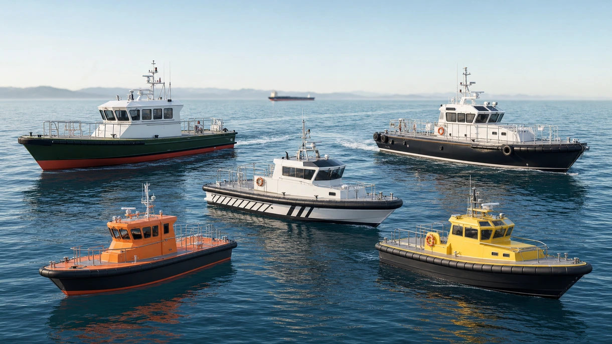 Bateau pilote professionnel effectuant une manœuvre d'abordage à grande vitesse aux côtés d'un imposant porte-conteneurs par forte houle en mer du Nord.