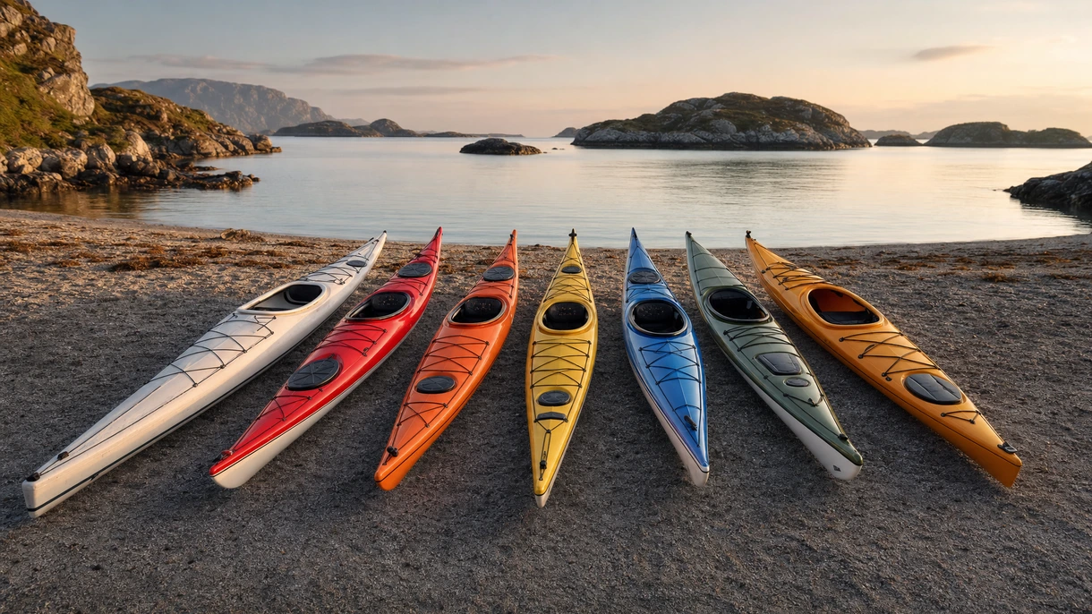 Flotte de kayaks de mer professionnels déployée depuis un navire de soutien maritime pour une expédition commerciale guidée en eaux côtières.