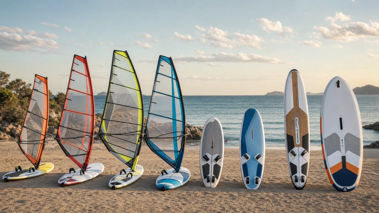 Une planche à voile professionnelle positionnée sur un quai de marina à côté d'une flotte de navires de soutien et d'équipements.