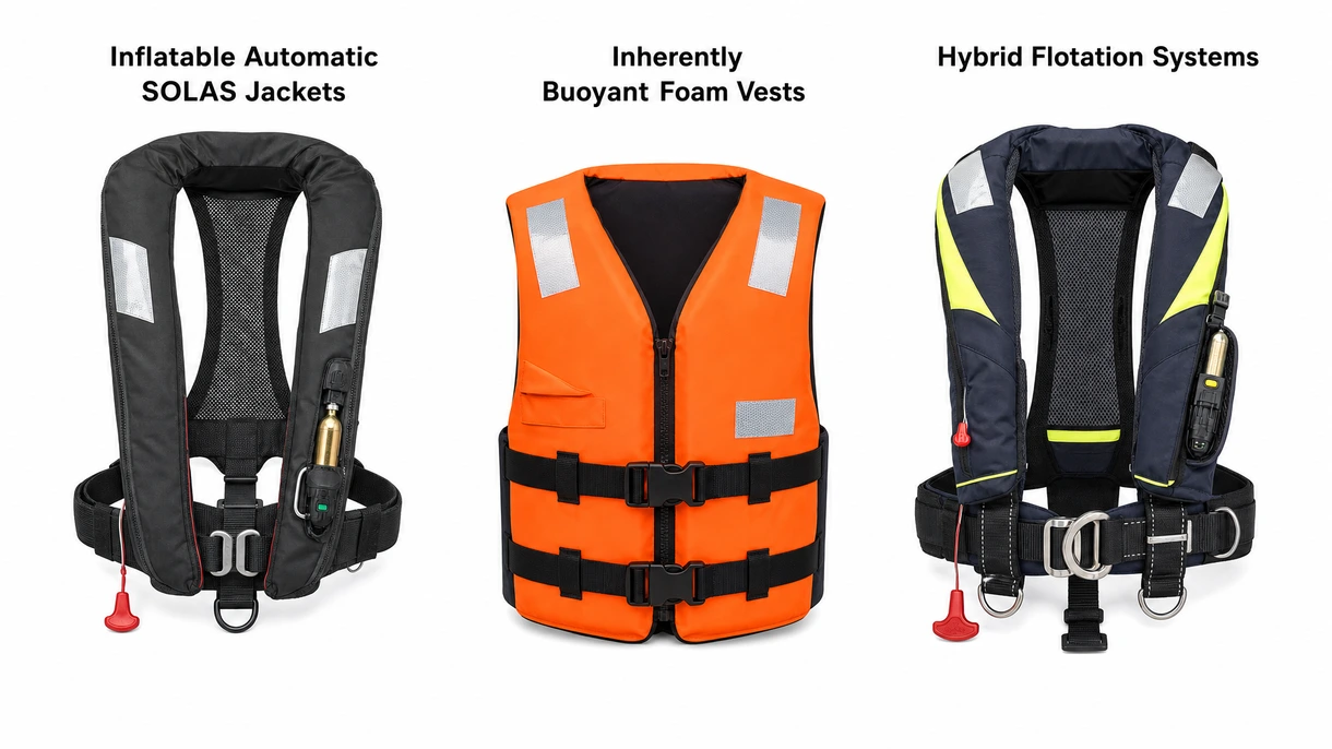 Vue rapprochée d'un ensemble de déclencheur hydrostatique et d'une bouteille de dioxyde de carbone à l'intérieur d'un gilet de sauvetage maritime de qualité professionnelle.
