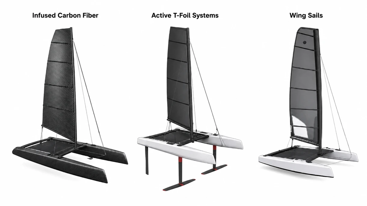 Gros plan détaillé d'un assemblage d'hydrofoil en fibre de carbone haut module montrant le winglet réglable et l'accastillage de montage en titane.