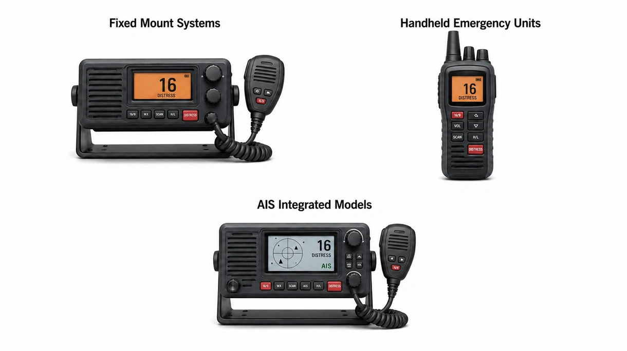 Gros plan technique d'un combiné radio VHF robuste montrant des boutons tactiles scellés et un écran à cristaux liquides à contraste élevé.