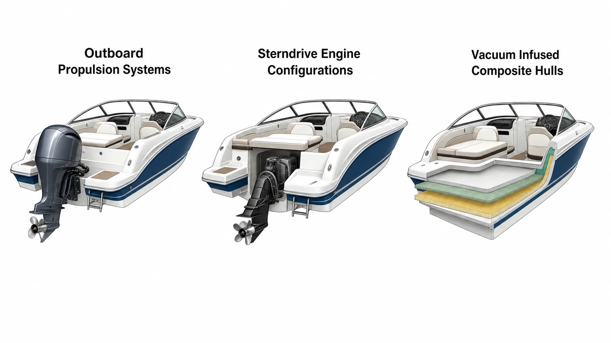 Vue détaillée de la console de pilotage du runabout bow-rider, équipée d'écrans numériques intégrés et de composants de direction maritimes ergonomiques.