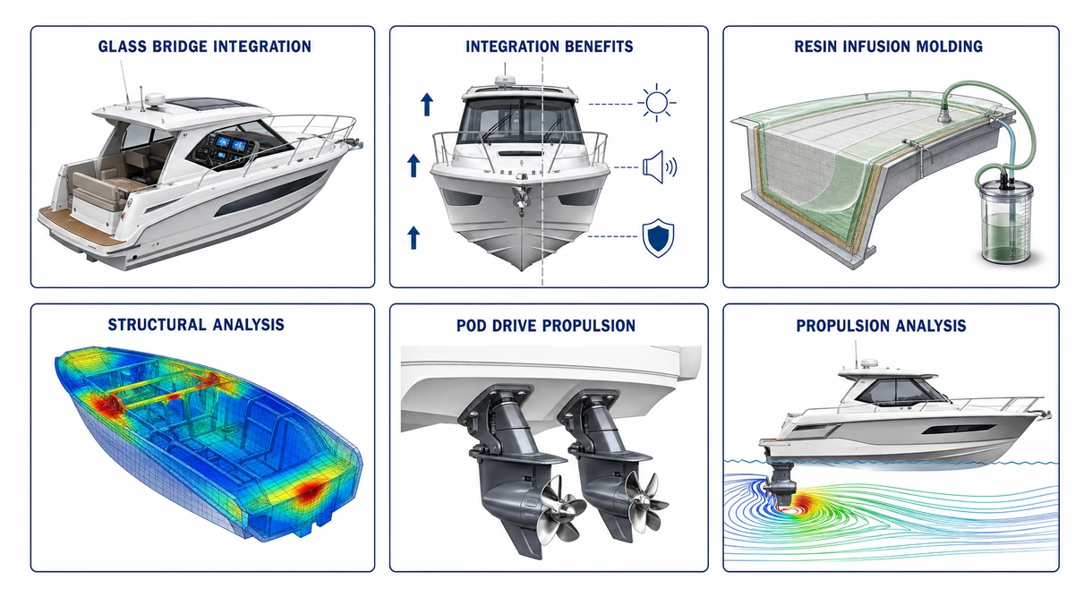 Gros plan technique d'une structure de hard-top en fibre de carbone montrant les supports de radar intégrés et les canaux de drainage aérodynamiques sur un yacht.