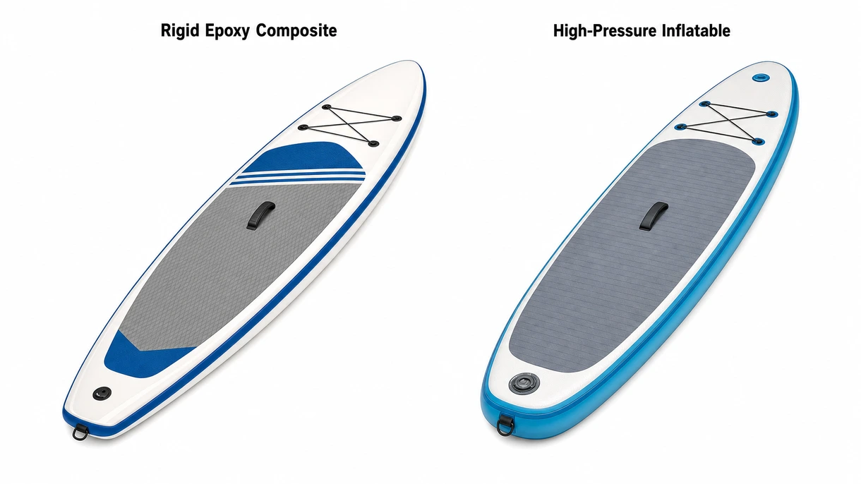 Vue macro du PVC double couche renforcé et des soudures thermocollées sur un stand-up paddle maritime professionnel.